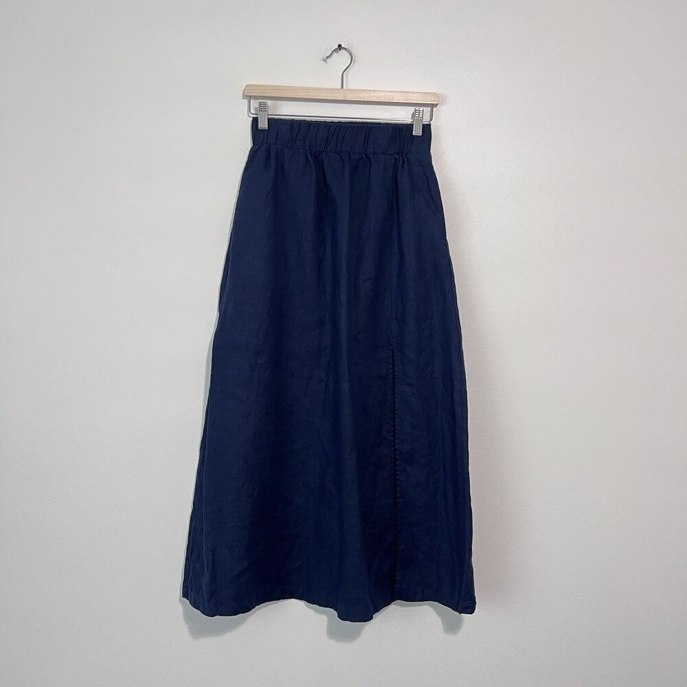 Quince 100% European Linen Maxi Skirt Deep Navy XS Side Slit Pockets Coastal - Picture 2 of 13